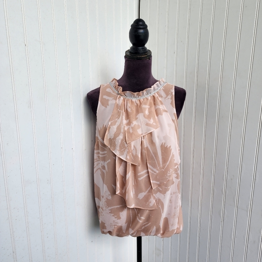 LOFT Women's Pink Beige Floral Ruffle Tie-Neck Sleeveless Workwear Top Blouse S